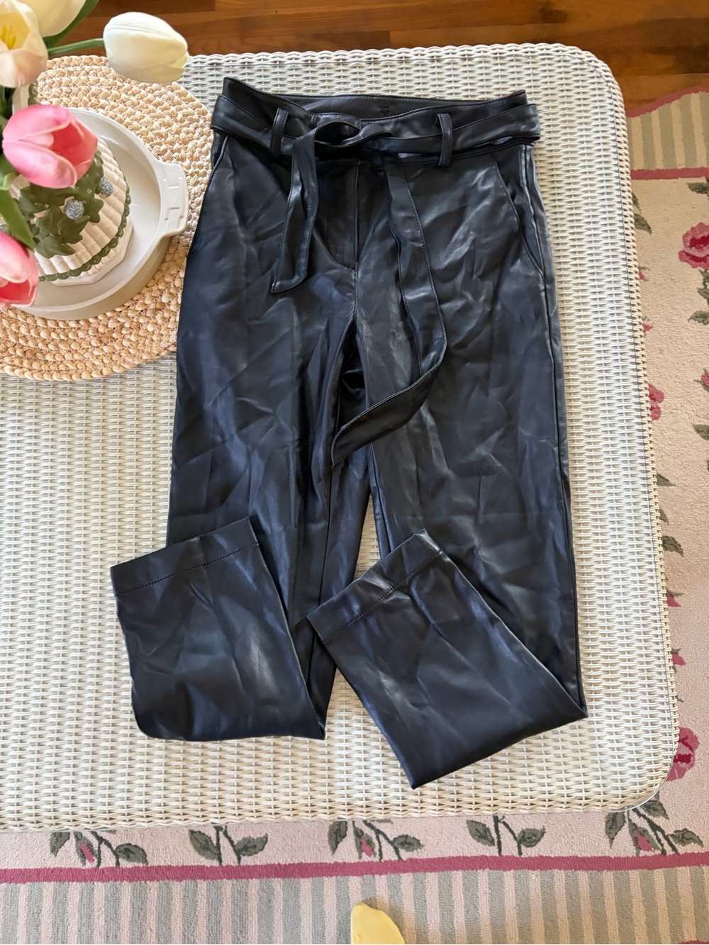 LOFT Black Faux Leather Paperbag Trousers with Tie Waist